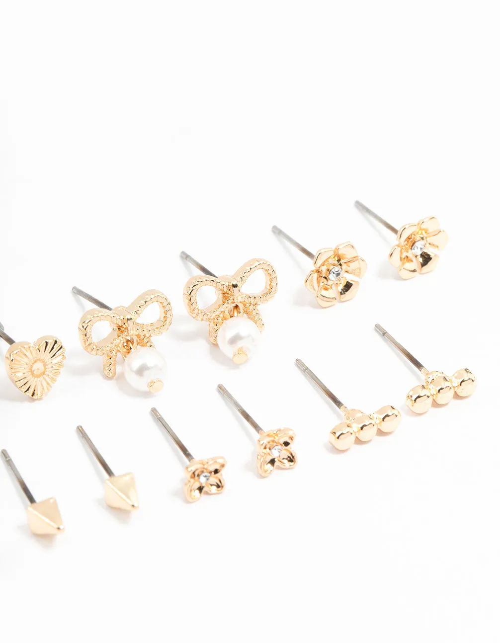 Gold Bow & Pearl Stud Earrings 8-Pack