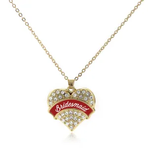 Gold Crimson Red Bridesmaid Pave Heart Charm Classic Necklace