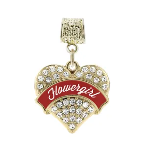 Gold Crimson Red Flower Girl Pave Heart Memory Charm