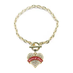 Gold Crimson Red Matron of Honor Pave Heart Charm Toggle Bracelet