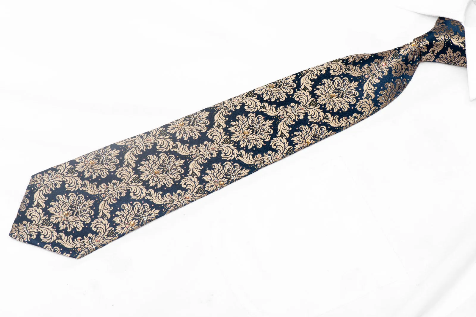 Gold Damask On Navy Rhinestone Silk Necktie With Sparkles