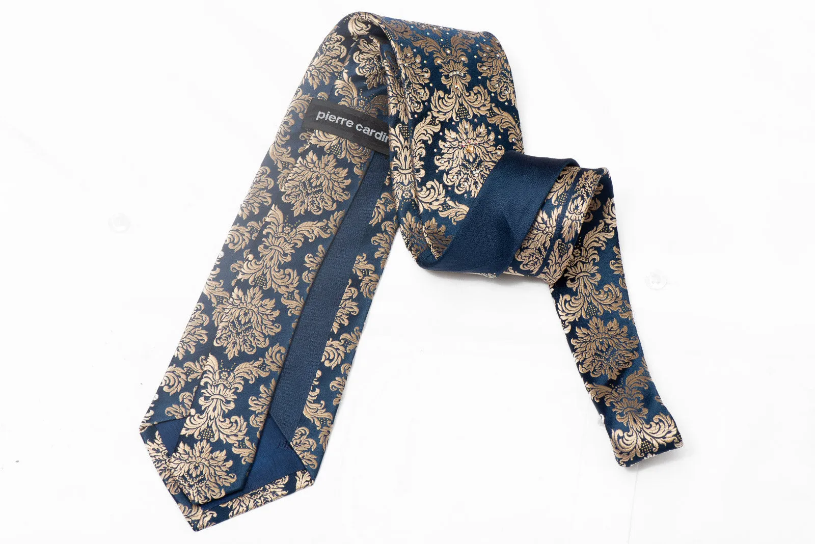 Gold Damask On Navy Rhinestone Silk Necktie With Sparkles