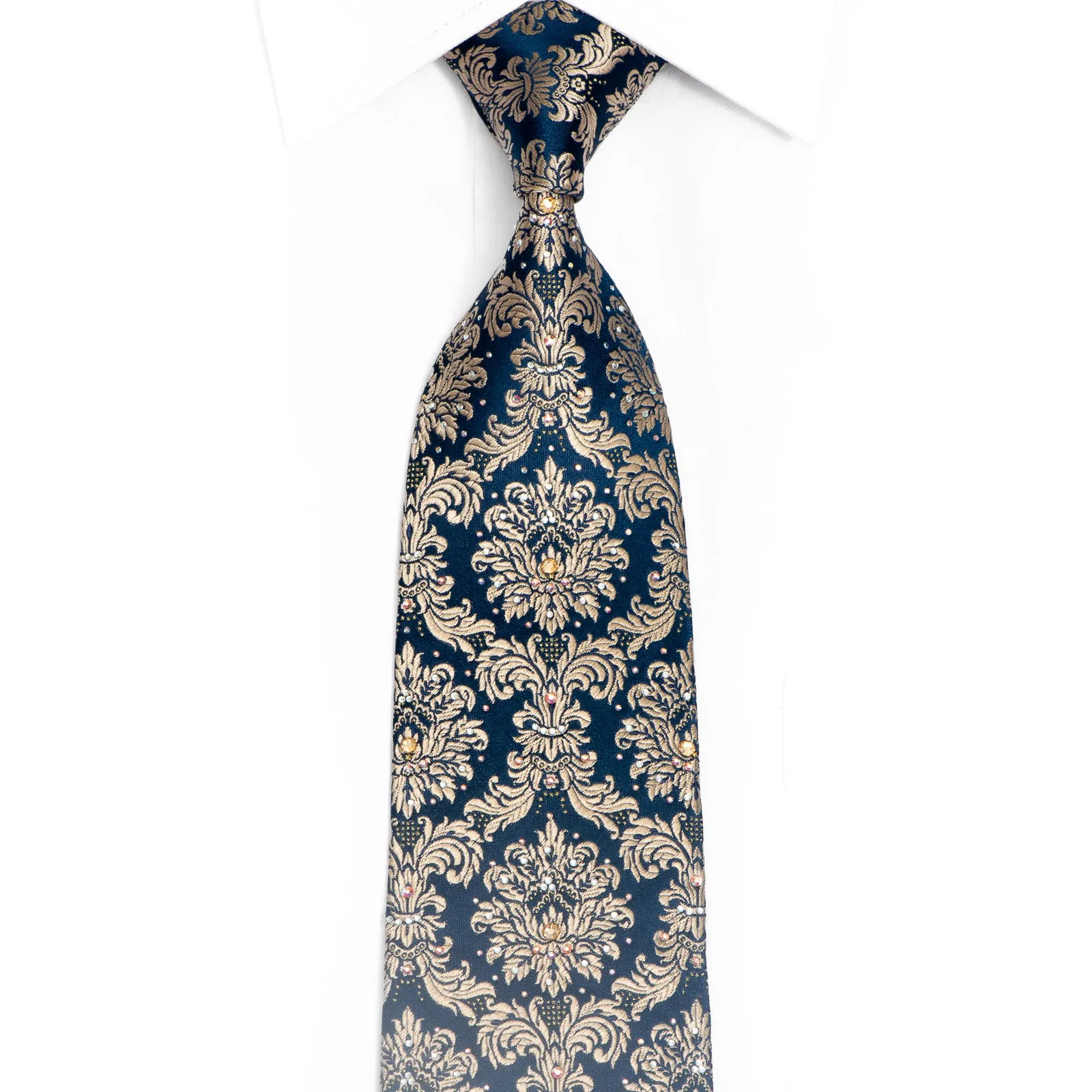 Gold Damask On Navy Rhinestone Silk Necktie With Sparkles