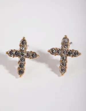 Gold Diamante Encrusted Cross Earrings