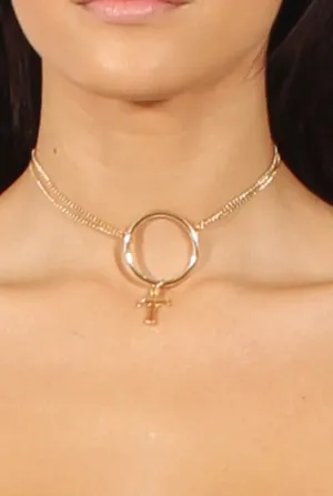 Gold Double Chain Circle Cross Choker - Eleni