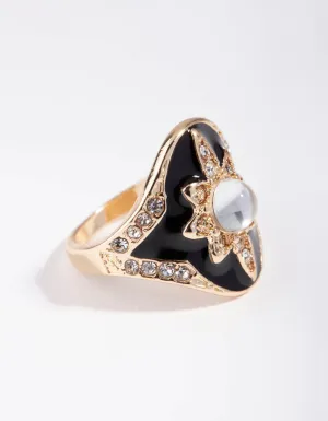 Gold Enamel Diamante Flower Ring