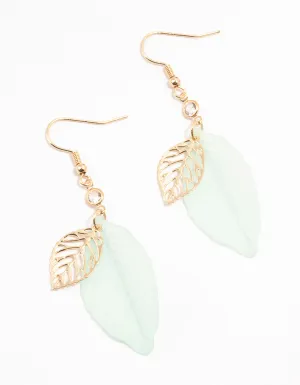 Gold Filigree Green Acrylic Leaf Drop Earrings