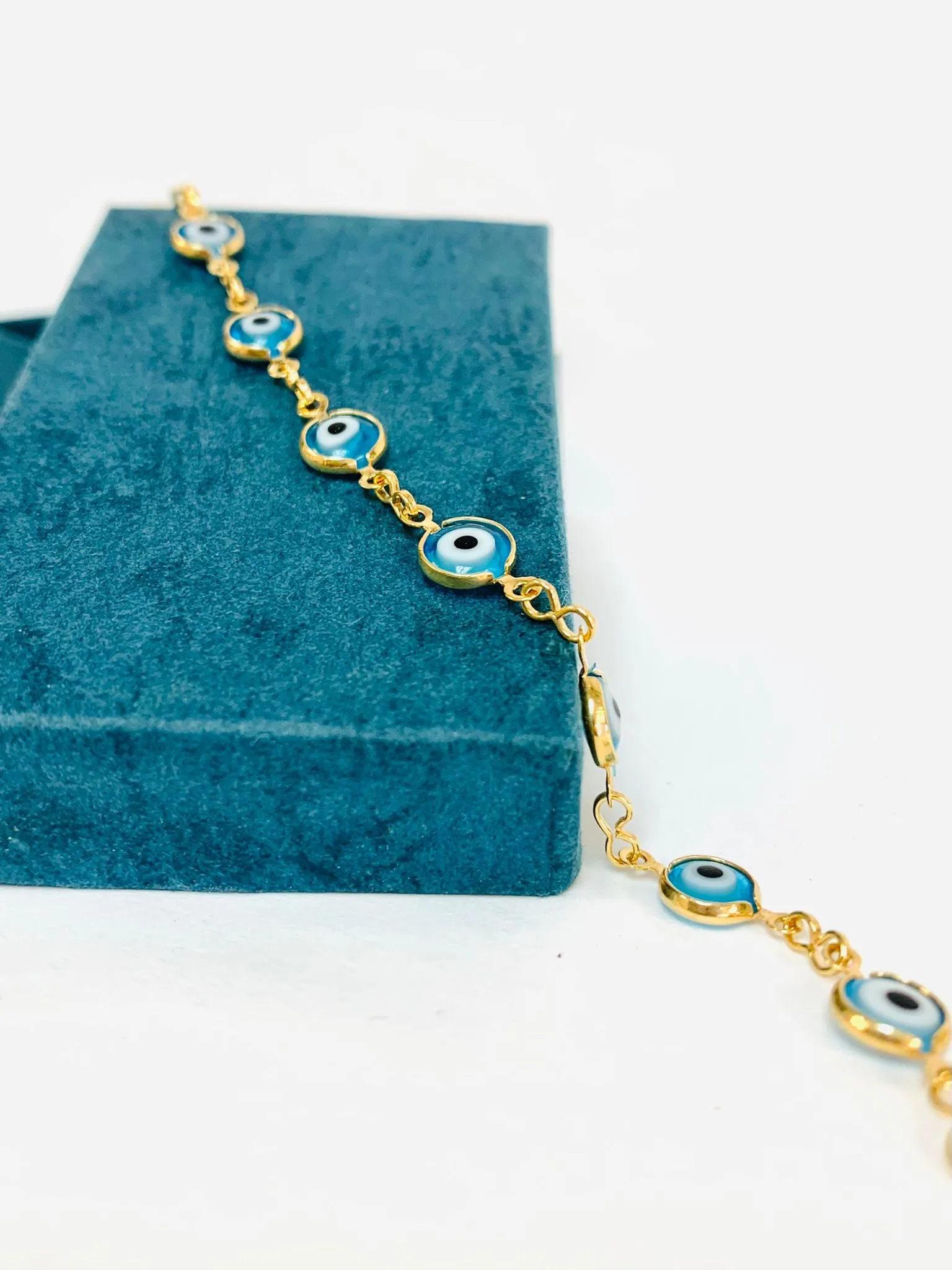 Gold Filled Aquamarine Evil Eye Bracelet for Womens Ladies 7.25" 3g / Protection Good Luck Bracelet / Womens Bracelet / Pulsera Mal de Ojo Para Mujer en Oro Laminado