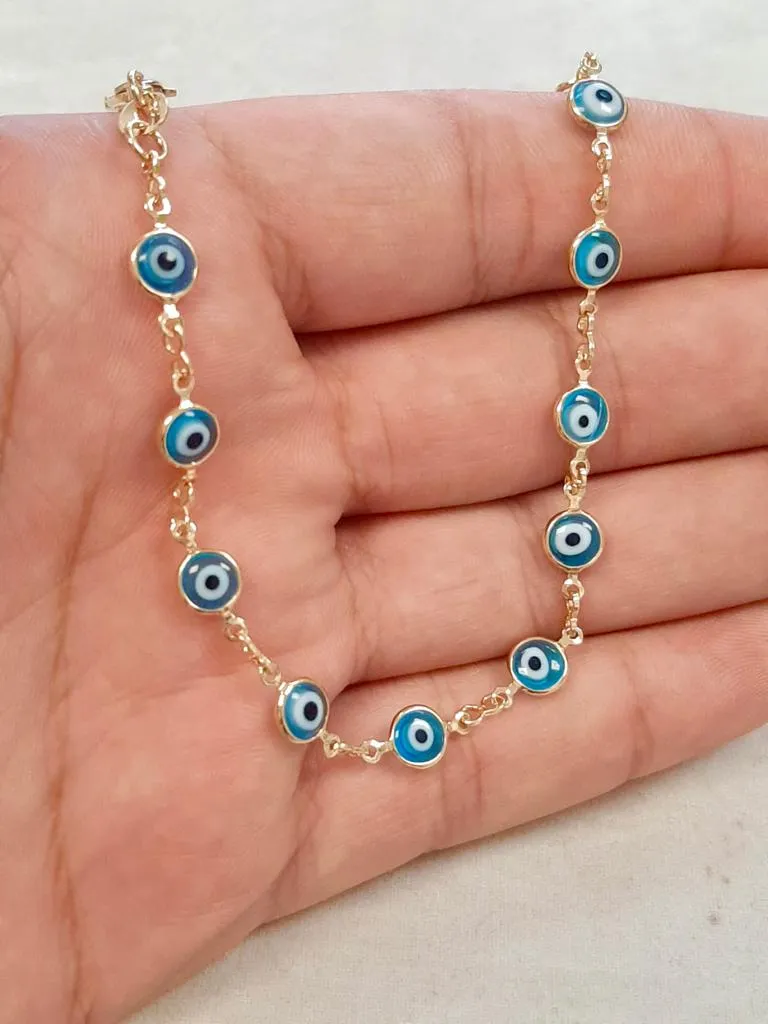 Gold Filled Aquamarine Evil Eye Bracelet for Womens Ladies 7.25" 3g / Protection Good Luck Bracelet / Womens Bracelet / Pulsera Mal de Ojo Para Mujer en Oro Laminado