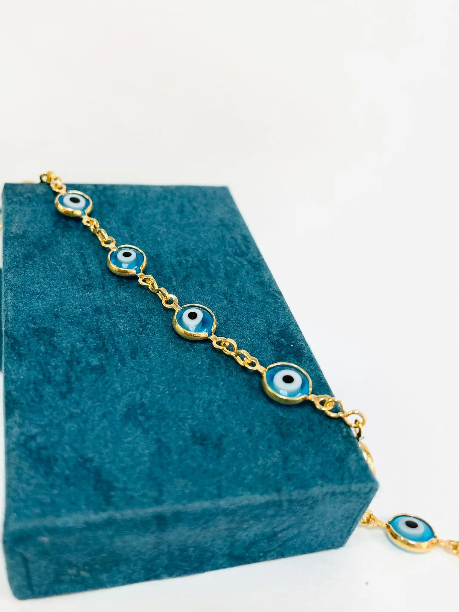 Gold Filled Aquamarine Evil Eye Bracelet for Womens Ladies 7.25" 3g / Protection Good Luck Bracelet / Womens Bracelet / Pulsera Mal de Ojo Para Mujer en Oro Laminado