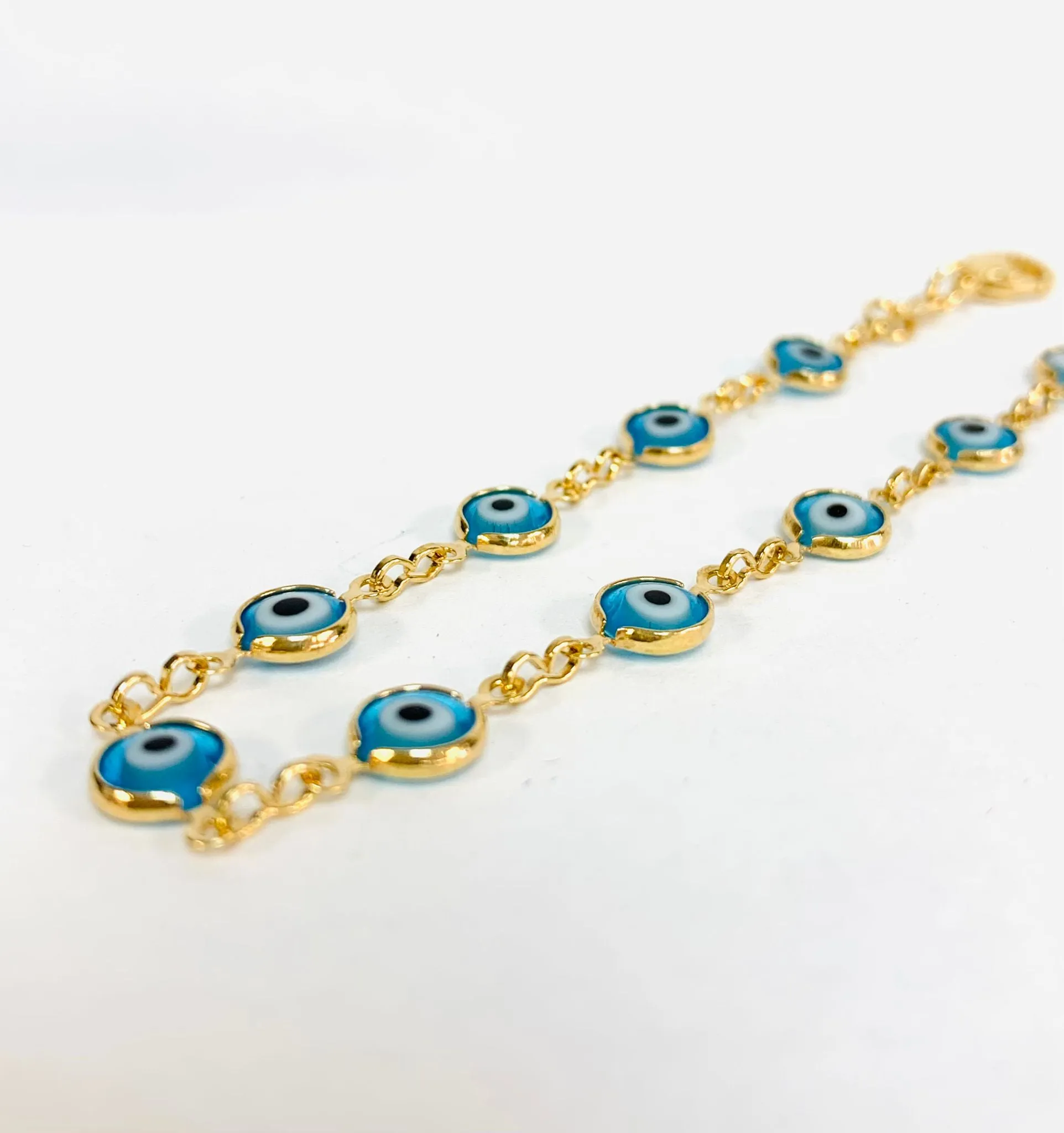 Gold Filled Aquamarine Evil Eye Bracelet for Womens Ladies 7.25" 3g / Protection Good Luck Bracelet / Womens Bracelet / Pulsera Mal de Ojo Para Mujer en Oro Laminado