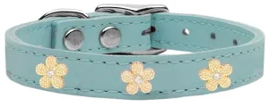 Gold Flower Widget Genuine Leather Dog Collar Baby Blue 16