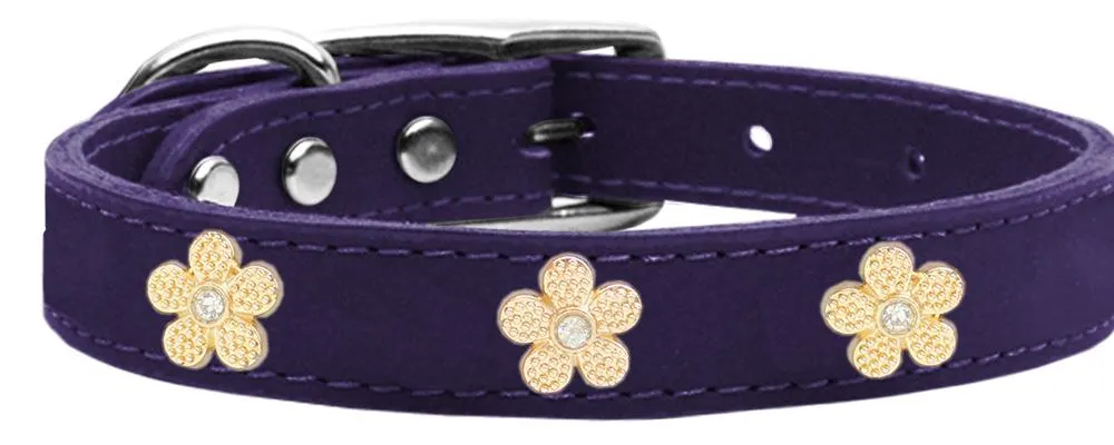 Gold Flower Widget Genuine Leather Dog Collar Purple 10