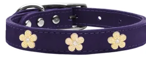 Gold Flower Widget Genuine Leather Dog Collar Purple 14