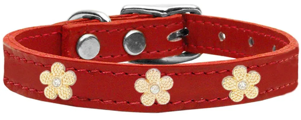 Gold Flower Widget Genuine Leather Dog Collar Red 26