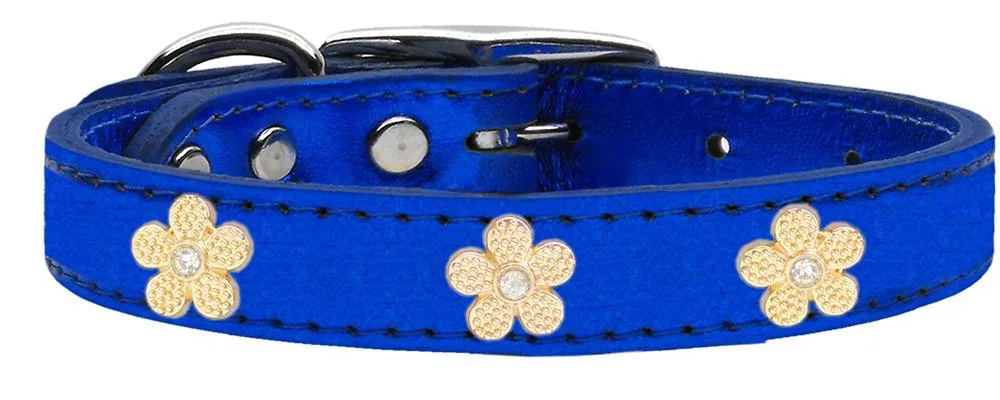 Gold Flower Widget Genuine Metallic Leather Dog Collar Blue 22