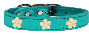 Gold Flower Widget Genuine Metallic Leather Dog Collar Turquoise 14