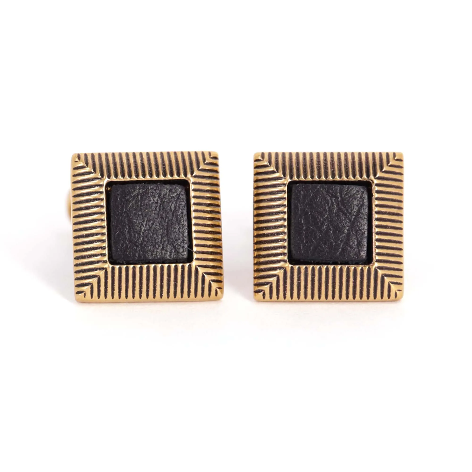 Gold Genuine Black Leather square with Roof top Mansard Cufflinks