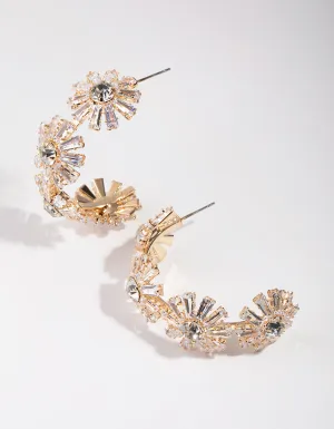 Gold Geometric Cubic Zirconia Stone Flower Hoops