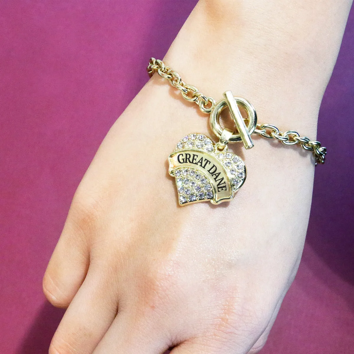 Gold Great Dane Pave Heart Charm Toggle Bracelet