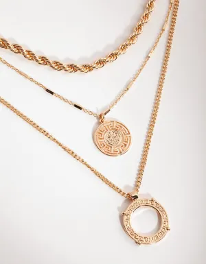 Gold Greek Key Disc Layered Necklace