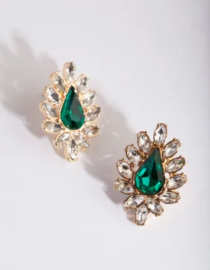 Gold Green Gem Teardrop Earrings