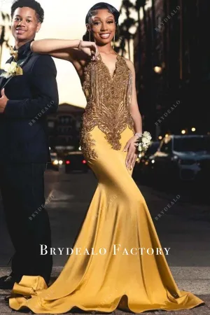 Gold Halter Rhinestones Mermaid Prom Dress