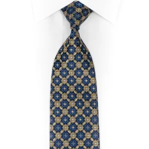 Gold Interlocking Geometric Design On Dark Blue Rhinestone Tie With Gold Sparkles