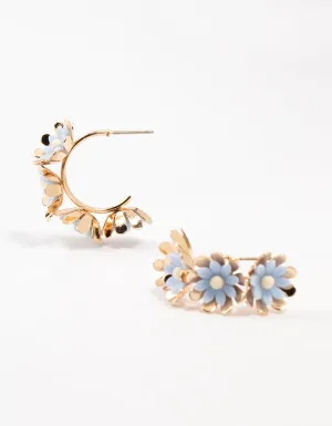 Gold Layered Blue Flower Hoop Earrings