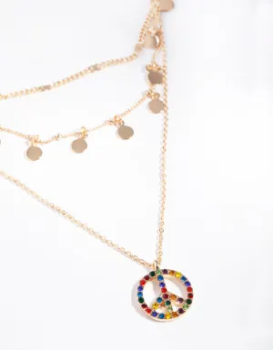 Gold Layered Rainbow Diamante Peace Necklace