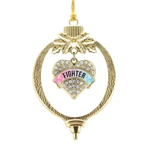 Gold Light Blue & Light Pink Ribbon Fighter Pave Heart Charm Holiday Ornament