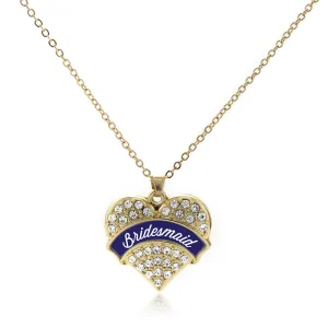 Gold Navy Blue Bridesmaid Pave Heart Charm Classic Necklace