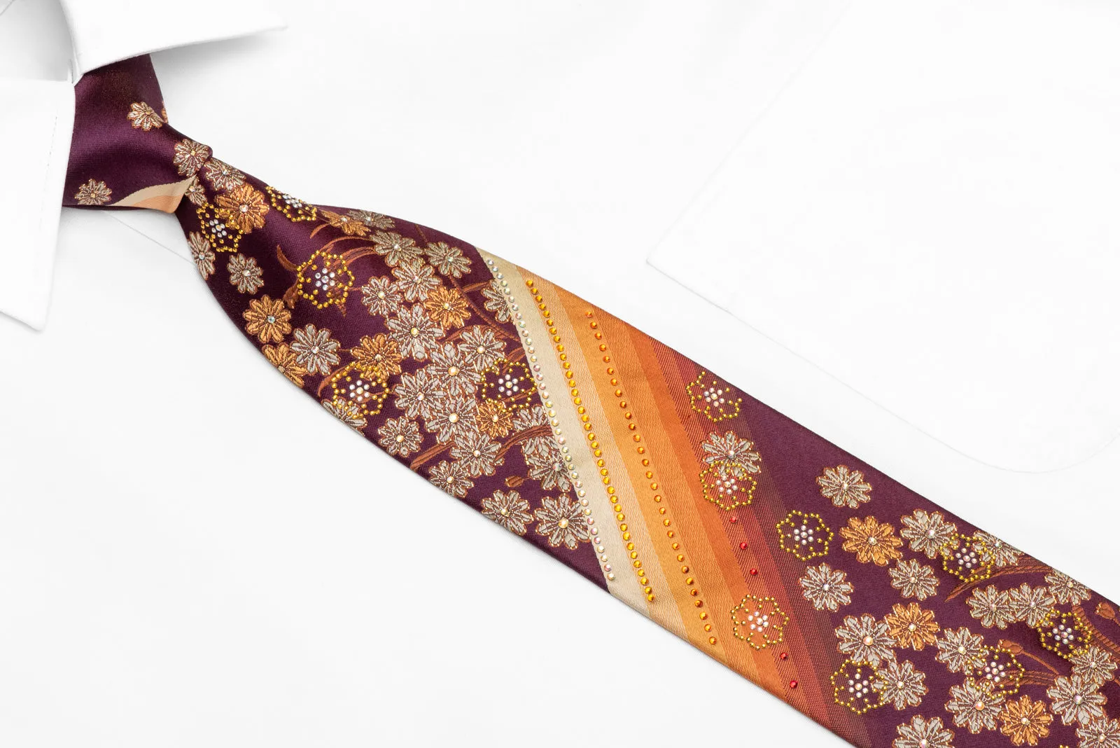 Gold Orange Floral Design On Burgundy Rhinestone Tie With Gold Sparkles