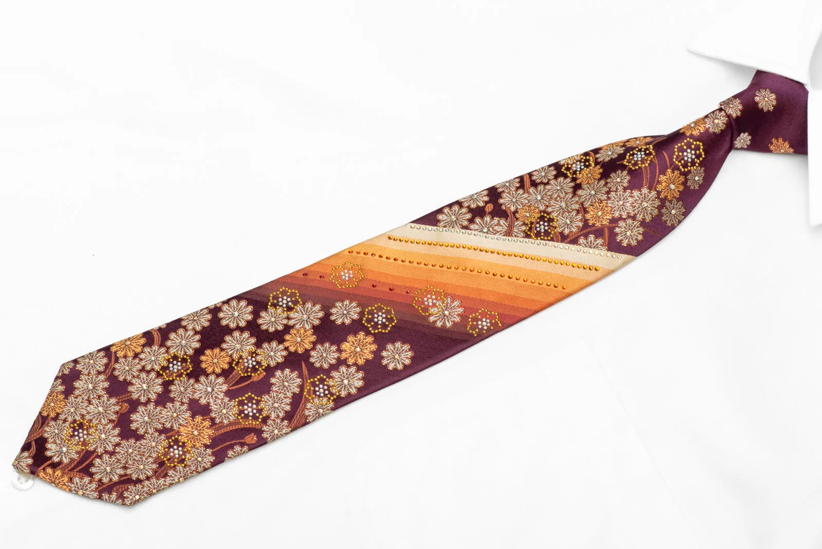 Gold Orange Floral Design On Burgundy Rhinestone Tie With Gold Sparkles