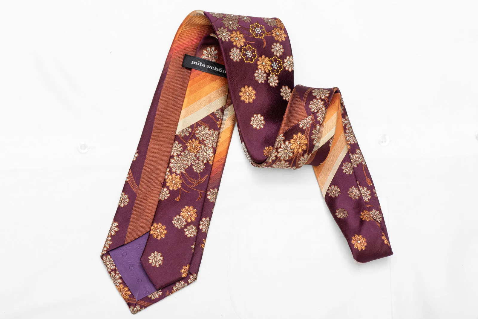 Gold Orange Floral Design On Burgundy Rhinestone Tie With Gold Sparkles