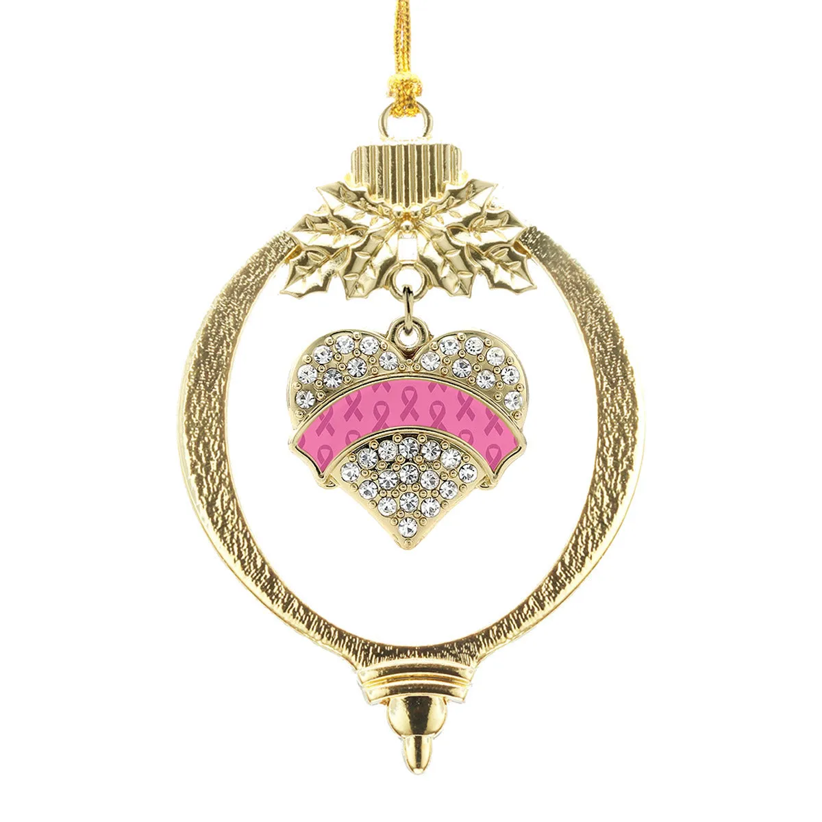 Gold Pink Ribbon Support Pave Heart Charm Holiday Ornament