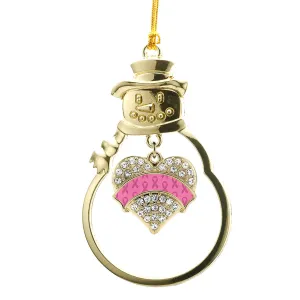 Gold Pink Ribbon Support Pave Heart Charm Snowman Ornament