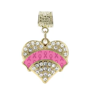 Gold Pink Ribbon Support Pave Heart Memory Charm