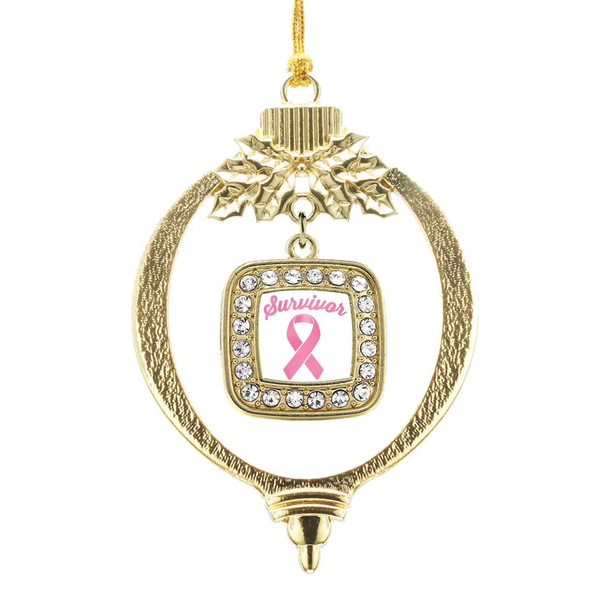 Gold Pink Ribbon Survivor Square Charm Holiday Ornament