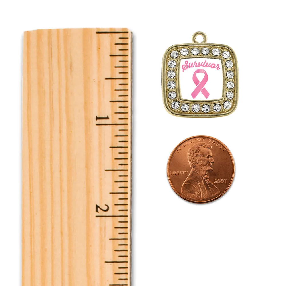 Gold Pink Ribbon Survivor Square Charm Snowman Ornament