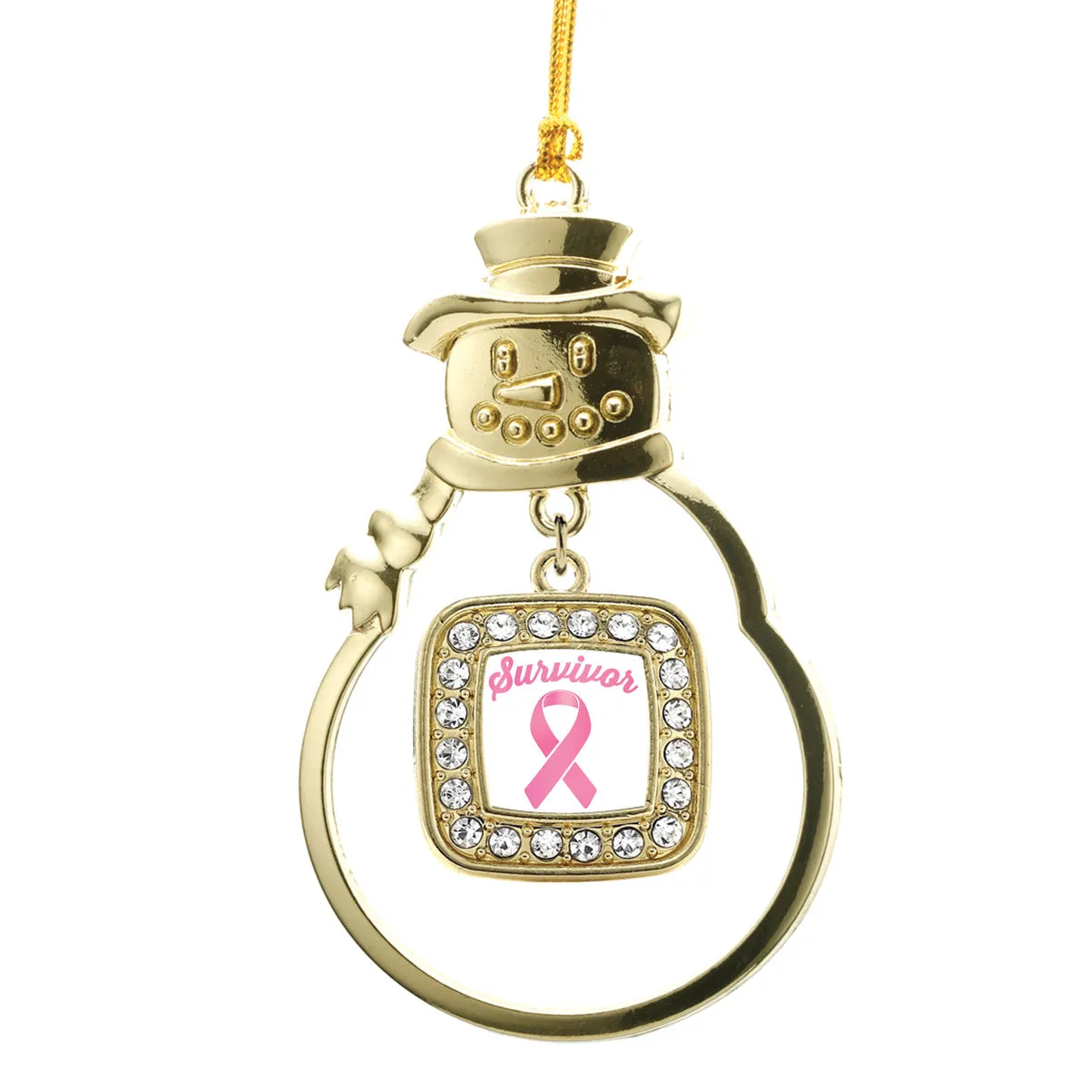 Gold Pink Ribbon Survivor Square Charm Snowman Ornament