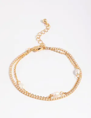 Gold Plated Cubic Zirconia & Pearl Bracelet