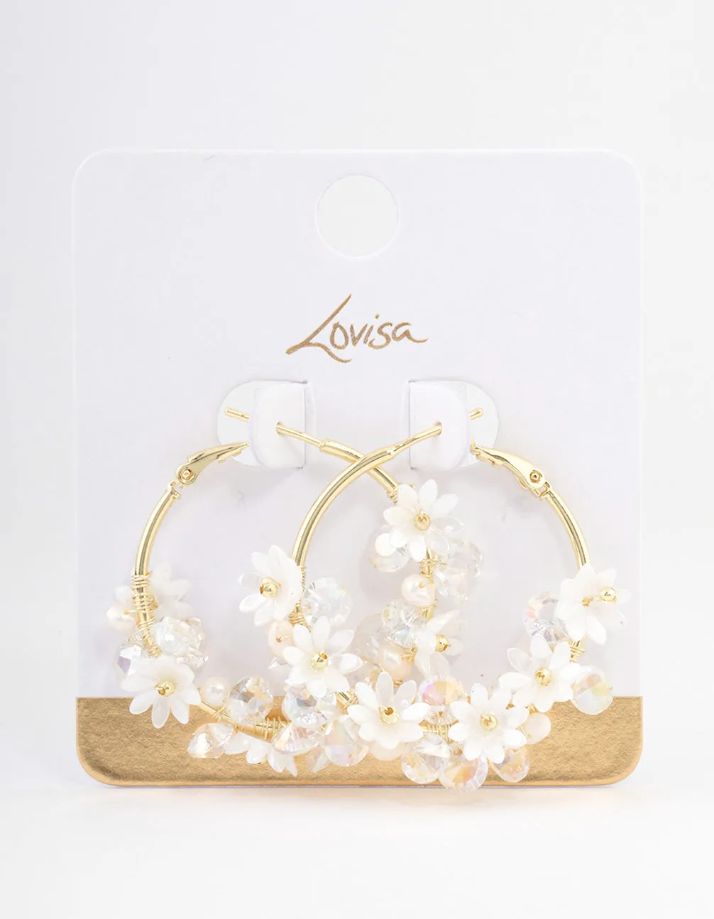 Gold Plated Freshwater Pearl Diamante Flower Hoop Earrings