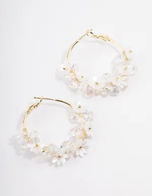 Gold Plated Freshwater Pearl Diamante Flower Hoop Earrings