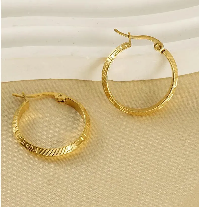 Gold-Plated Greek Pattern Hoop Earrings – Elegant and Durable