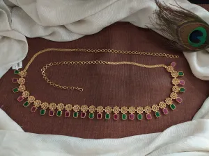 Gold-Plated Hip Chain with Red and Green Stones and Floral Design