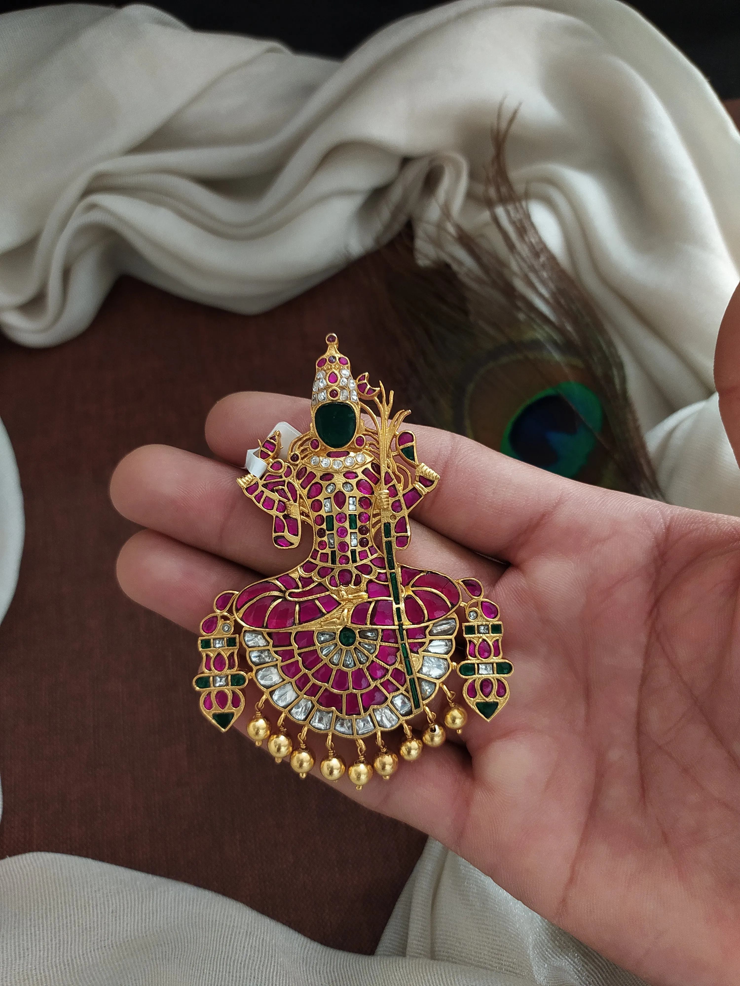 Gold-Plated Pure Silver Jadau Kundan Pendant featuring Kamakshi with Hallmark 92.5 Purity