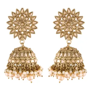 Gold Plated Traditional Handcrafted Jhumki Earrings Encased with Faux Kundan & Pearl for Women/Girls