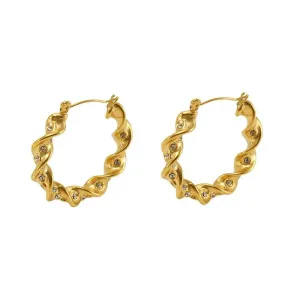 Gold-Plated Twisted Hoop Drop Earrings with Rhinestones – Trendy Earrings