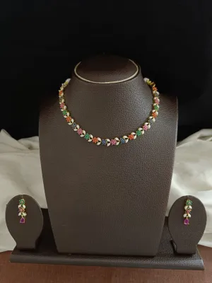 Gold-plated Zircon Necklace Set Having Navratan Stones